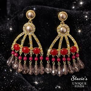 Gold Tone Rhinestone Chandelier Earrings Red Beads Dangle Statement Boho